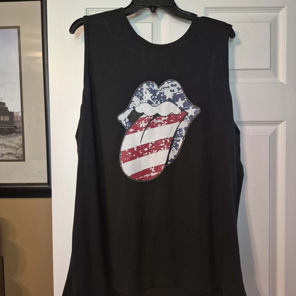 Black Tank Top with American Flag Tongue Graphic